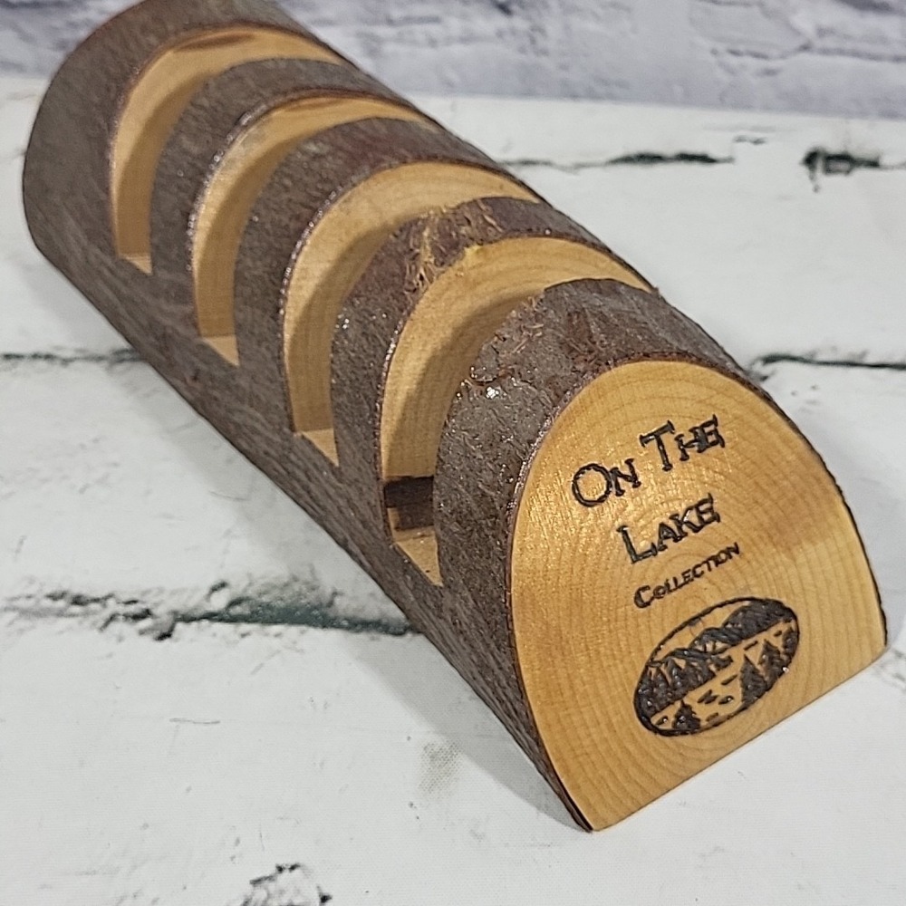 On The Lake Rustic Wooden Coasters Log Slice Burned Etched Images Rustic Set 4 - Picture 7 of 8